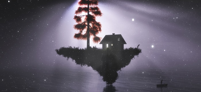 Floating island with house and tree under starry sky