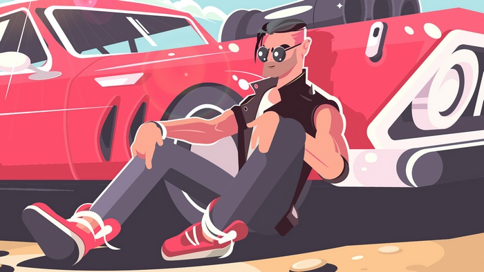 Man in sunglasses leaning on a red car