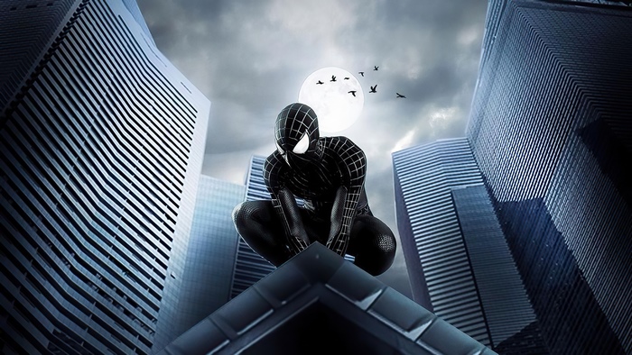 Spider-Man from Marvel in Black Suit on Rooftop