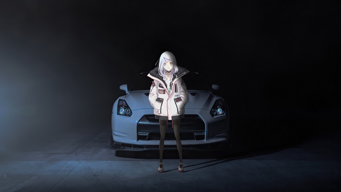 Anime girl in jacket with Nissan GTR