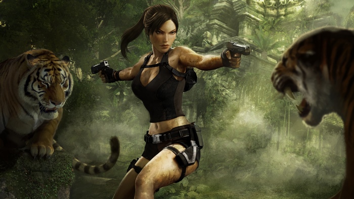 Lara Croft from Tomb Raider with tigers