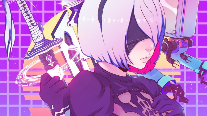 2B from Nier Automata in Synthwave Style