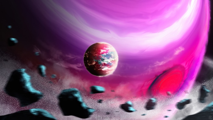 Digital art of a planet and asteroids