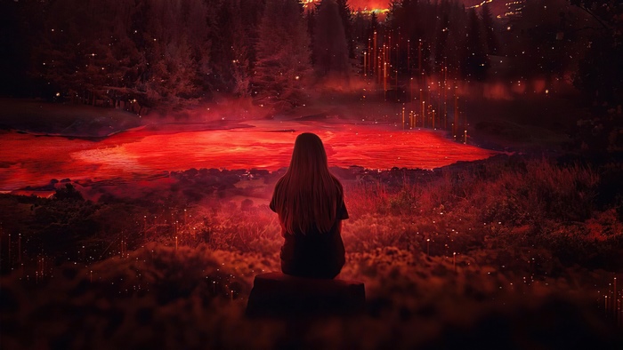 Girl sitting by a glowing red lake in a forest