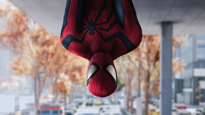 Spiderman hanging upside down