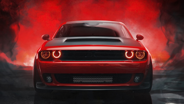 Red Dodge Challenger 2021 Muscle Car Front View
