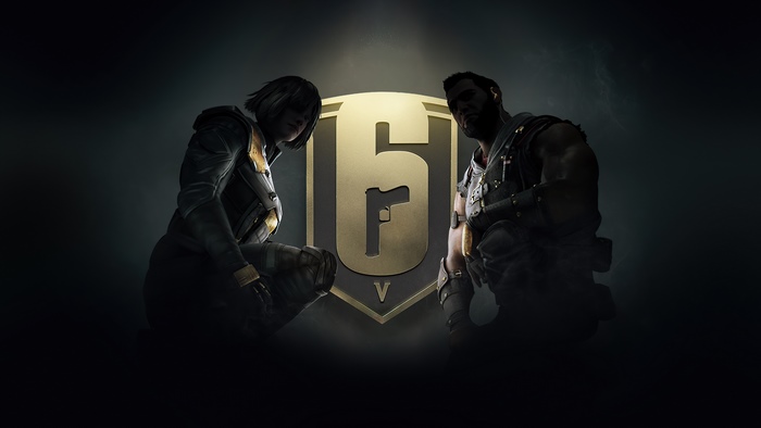 Two operators in front of Rainbow Six Siege logo
