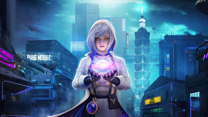 PUBG Mobile character with crystal ball in futuristic city