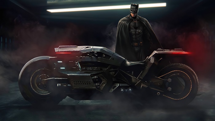 Batman with Batcycle in smoke