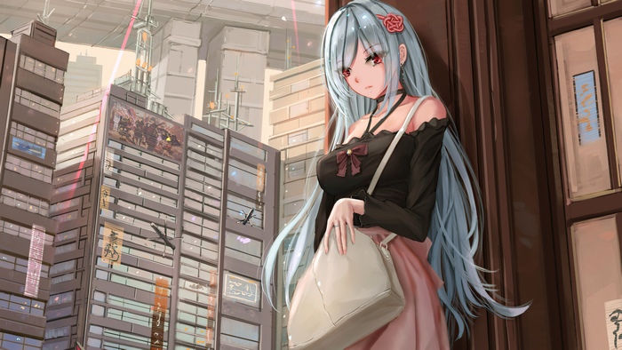 Anime girl in a black top and pink skirt in a city