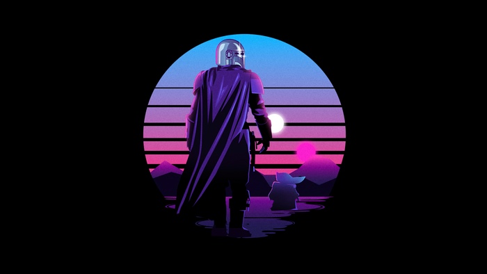 The Mandalorian and Grogu in a retro sunset