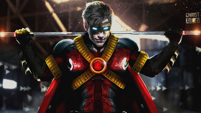 Robin from DC Comics holding a barbell