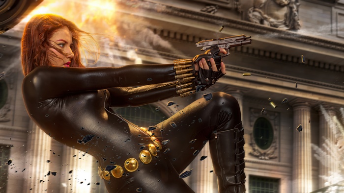 Black Widow in action with explosions