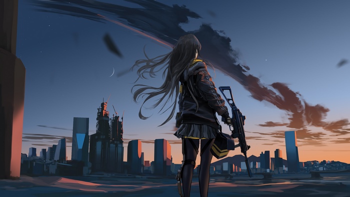 Anime girl with a gun in a city at dusk