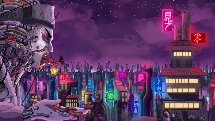 Cyberpunk Cityscape with Giant Robotic Head