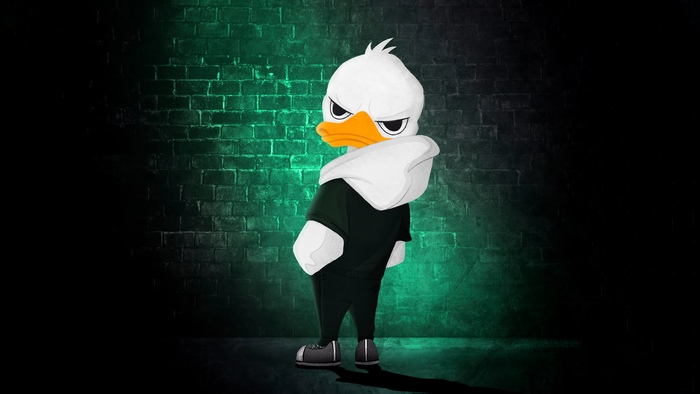 Angry cartoon duck wearing hoodie and sneakers