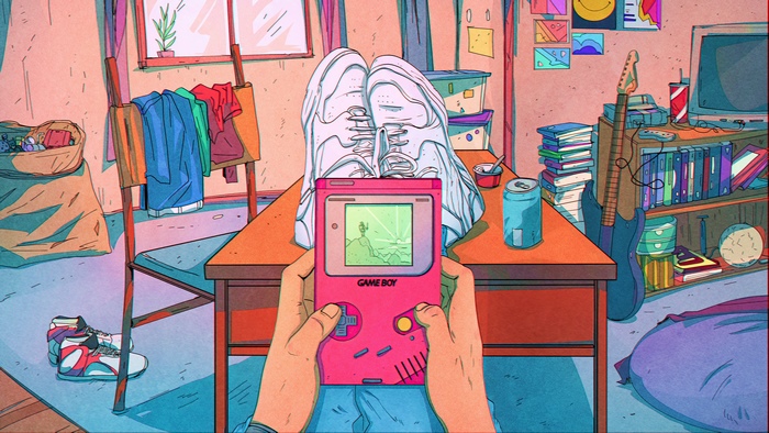Person playing Game Boy in a room