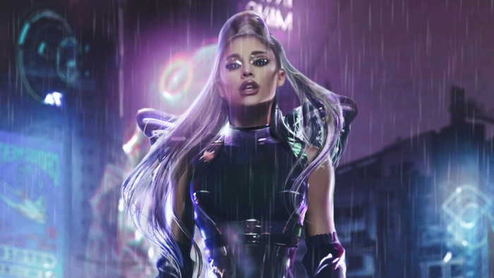 Ariana Grande in a futuristic city at night
