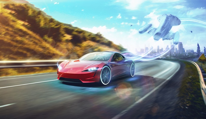 Red Tesla Roadster speeds past futuristic city and spaceship
