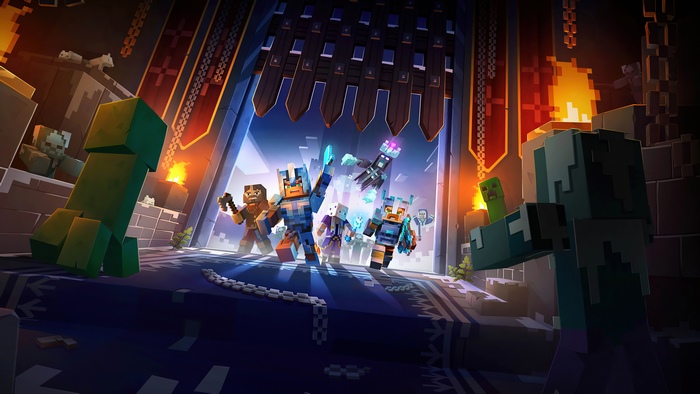 Minecraft Dungeons characters in a castle hall