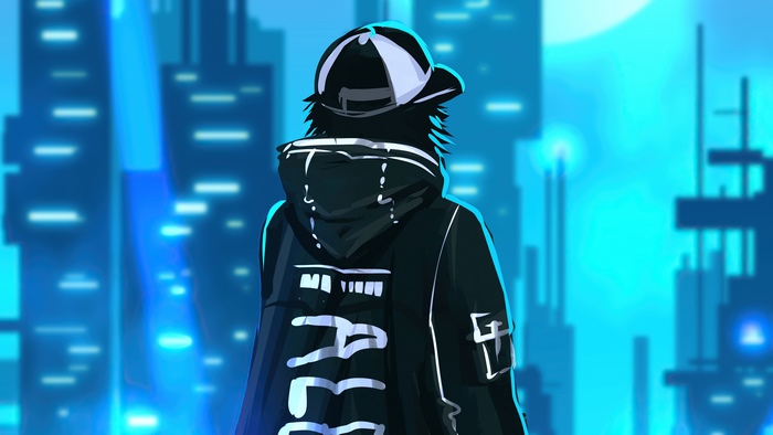 Person in a hoodie and cap in a neon city