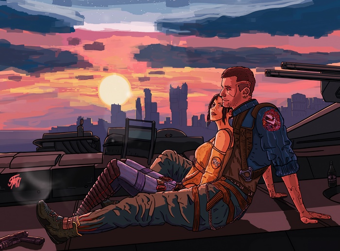 Couple watching sunset over cyberpunk city