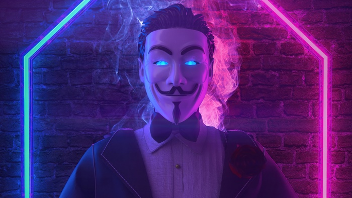 Anonymous mask artist in neon lights
