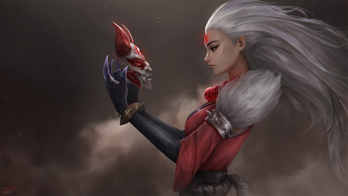 Akali from League of Legends holding a mask