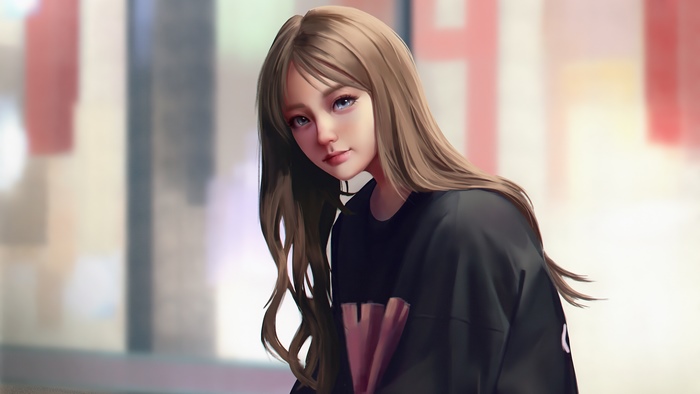 Digital art of a young woman with long brown hair