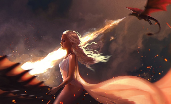 Daenerys Targaryen from Game of Thrones with dragons