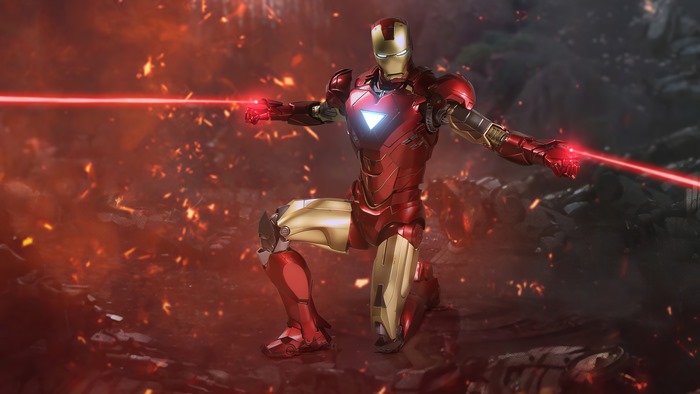 Iron Man firing repulsor rays in a fiery landscape