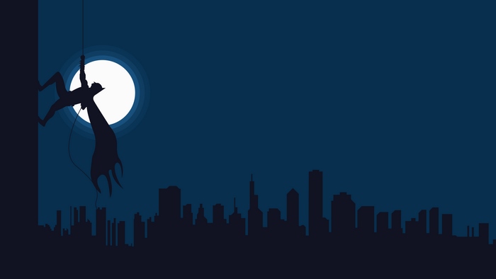 Batman hanging from a rope in front of the moon