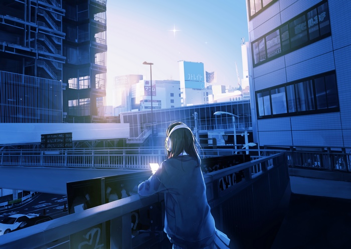 Anime girl with headphones looking at phone in city