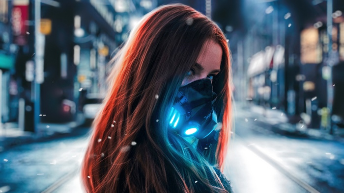 Woman with mask in a futuristic city 4K
