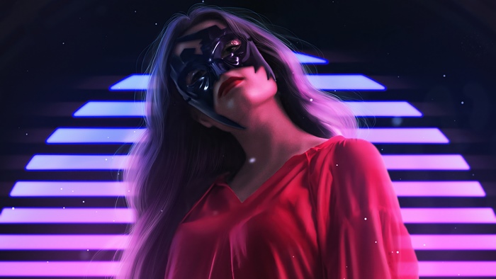 Artwork of a woman in a mask with neon stairs