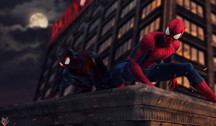 Spider-Man and Miles Morales on a rooftop