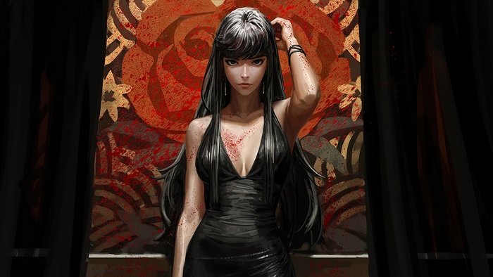 Woman in black dress with blood splatters