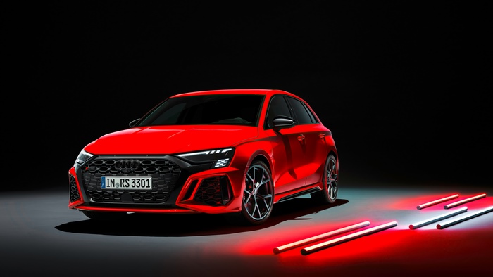 Red Audi RS3 with red and white lights