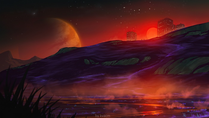 Alien landscape with twin suns and futuristic city