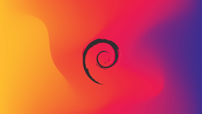Debian Linux logo on a colorful gradient background