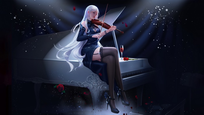 Woman playing violin on a grand piano