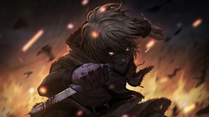 Anime boy with knife in fire