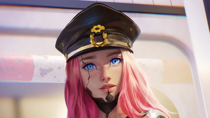 Artwork of a cyborg woman with pink hair