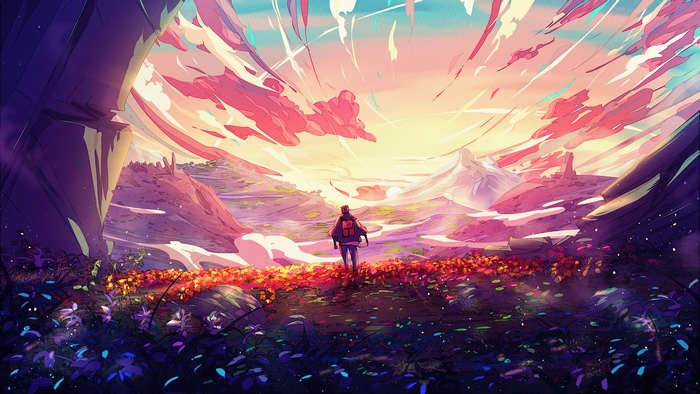 Person walking through a colorful alien landscape