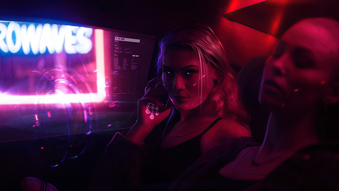 Cyberpunk artwork of women in a futuristic vehicle