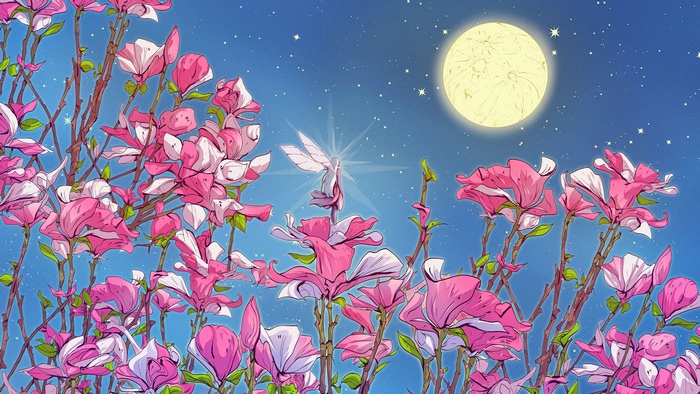 Fairy in a field of magnolias under the moon