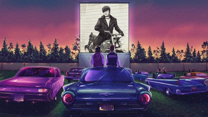 Drive-in movie theater at sunset