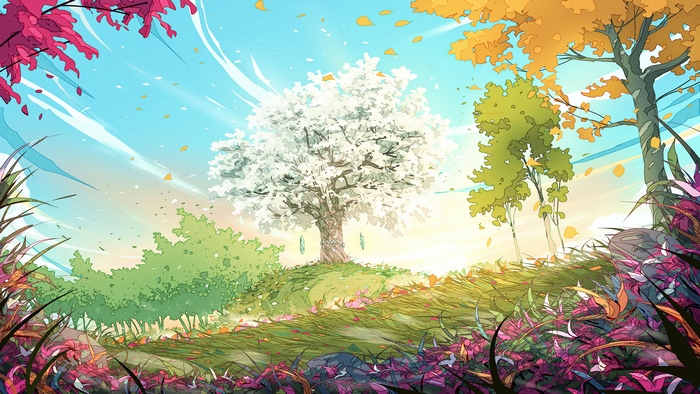 Digital art of a fantasy landscape with trees