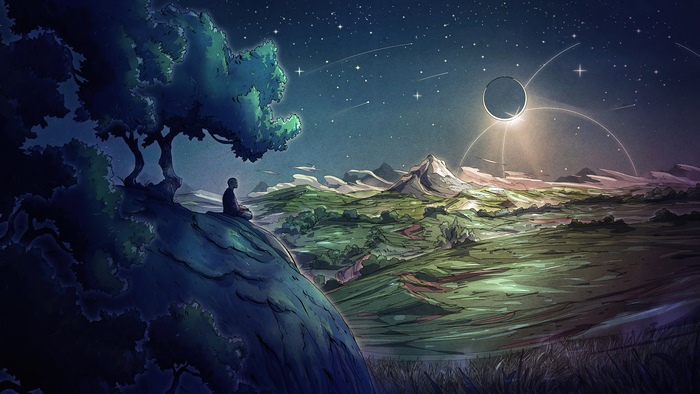 Man meditating under tree with eclipse and starry sky