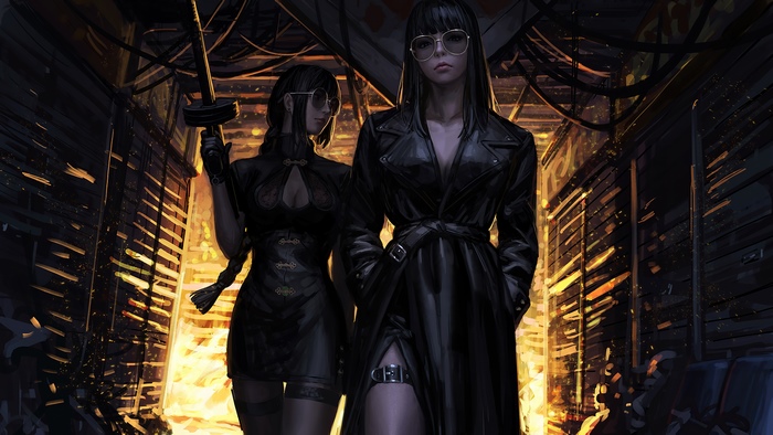 Two women in black outfits with swords and guns